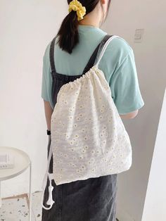 Olivia Mark - Large Capacity Floral Pattern Drawstring Backpack  - Women Backpacks White School Backpack For Spring, White Backpack For Spring, White Backpack For Daily Use In Spring, Casual Large Capacity Backpack For Summer, Casual Large Capacity Summer Backpack, Spring White Backpack For Daily Use, White Backpack With Adjustable Strap For Spring, White Spring Backpack With Adjustable Strap, Large Capacity Backpack For School In Summer