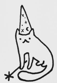 a black and white drawing of a cat with a party hat