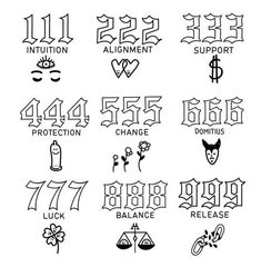 the logos for all kinds of tattoos and their meanings are drawn in black ink on white paper