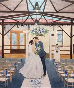 a painting of a bride and groom kissing at their wedding ceremony in an indoor venue