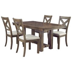 a wooden dining table with four chairs and a white cushion on the seat backrests