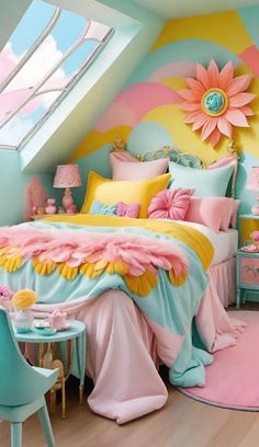 a bedroom decorated in pastel colors with pink, yellow and blue accents