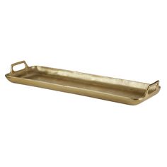 gold metal tray with handles on white background