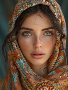 a beautiful woman with blue eyes wearing a scarf and headdress, looking into the camera