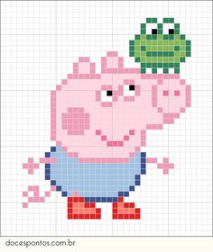 a cross stitch pattern of pep the pig with a flower in its mouth and wearing red shoes