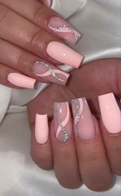 Nail Ideas Acrylic With Design, Tapered Square French Tip Nails Design, Classy Pink Nails Acrylic, Light Pink Nail Ideas Acrylic, Square Nail Designs Glitter, Simple Pink Nail Designs Square, Cute Nail Ideas With Gems, Cute Short French Tip Nails Acrylic, Short French Tip Acrylic Nails Design Pink Glitter