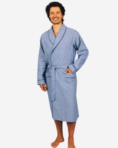 Blue mens dressing gown in chambray Mens Dressing Gown, Summer Swimwear, Pyjama Bottoms, Matching Pajamas, Lounge Shorts, Sleep Shirt, Girls Pajamas, Holiday Shirts, Pajama Shorts