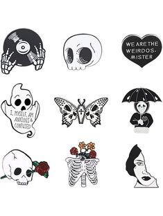 six stickers with different designs on them, including skulls and flowers in the shape of hearts