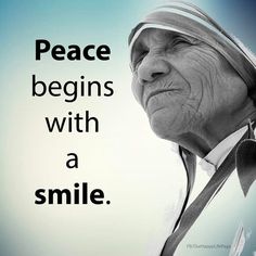 an old woman with a smile on her face and the words peace begins with a smile