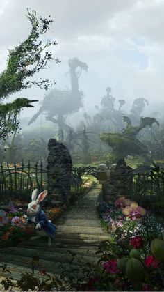 A promotional picture of the White Rabbit standing in an ominous garden in Wonderland. White Rabbit Wonderland, Rabbit Wonderland, Alice In Wonderland 2010, Alice In Wonderland Garden, Wonderland Garden, Rabbit Wallpaper, Alice Madness Returns