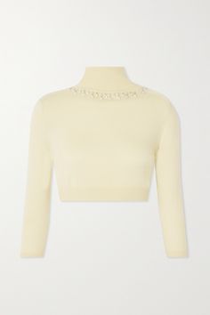 Zimmermann's sweater is traced with shimmering crystals along the base of the turtleneck, creating the illusion of a glittering necklace. It's made from soft merino wool and has three-quarter sleeves and a cropped hem. Style it with a high-rise skirt.<br><br>This product supports best practice in Animal Welfare. Find out more about NET SUSTAIN <a href="https://www.net-a-porter.com/en-gb/campaigns/net-sustain">here.</a> Chic Embellished Fitted Sweater, Net Sustain, Wool Turtleneck Sweater, High Rise Skirt, Crochet Tank Top, Wool Turtleneck, Best Practice, Yellow Sweater, Top Designer Brands