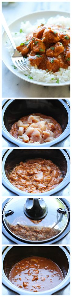 three different views of food being cooked in pans