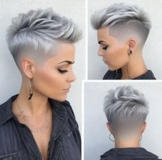 Shaved Hair Women Undercut, Short Silver Pixie Haircut, Women Faux Hawk Short Haircuts, Pixie Mohawk Shaved Sides, Short Back Long Front Haircut, Fohawk Haircut For Women, Shaved Undercut Short Hair, Short Punk Hair Women, Fauxhawk For Women