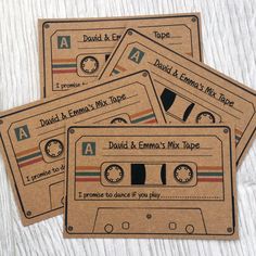 four personalized coasters made out of recycled cardboard with an old school cassette design