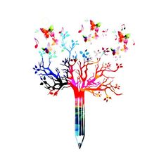 a pencil drawing a colorful tree with butterflies