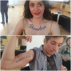 two pictures of a woman with tattoos on her chest, and the same photo of a man's arm