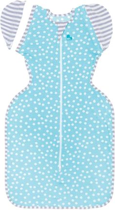 a blue and white baby sleeping bag with stripes on the top, and dots on the bottom