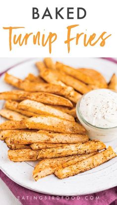 baked turnip fries on a plate with dip