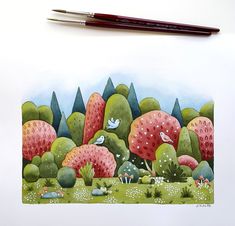 a drawing of strawberries in a field with trees and birds on the other side