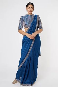 Shop for Masumi Mewawalla Blue Dupion Embroidered Saree With Blouse for Women Online at Aza Fashions Modern Saree Jacket Designs, Peacock Couture, Saree Jacket, Saree Jacket Designs, Saree Jackets, Sari Design, Women Saree, Modern Saree, Pink Peacock