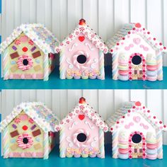 four different kinds of bird houses are shown in three separate rows, one is pink and the other is blue