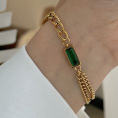 Shape: Rectangle Material: Metal - Stainless Steel Item Type: Bracelet Trendy Rectangular Bracelet With Strap, Emerald Crystal, Crystal Chain, Green Crystals, Chain Bracelet, Gold Bracelet, Emerald, Stainless Steel, Bracelet