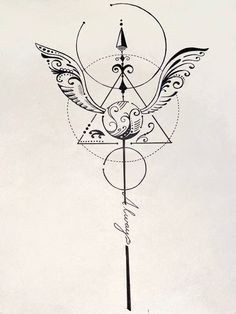 a black and white drawing of a bird on a wind chime with an inverted design