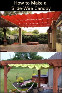 an outdoor area with a hammock, table and grill on the side - wire canopy