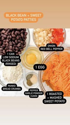 the ingredients for black bean and sweet potato patties