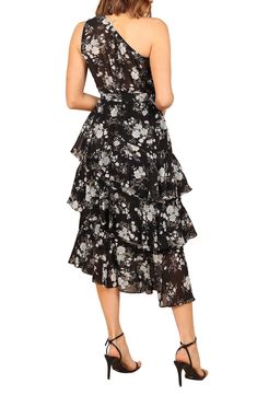 Romantic flowers bloom across an elegant one-shoulder midi dress fashioned with a removable tie belt and floaty, asymmetric tiers. One-shoulder neck Sleeveless Removable tie belt Lined 100% polyester Hand wash, dry flat Imported One Shoulder Midi Dress, Flowers Bloom, Romantic Flowers, Tiered Midi Dress, Black Midi Dress, Tie Belt, Nordstrom Dresses, Black Floral, One Shoulder