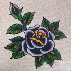 a drawing of a black rose with green leaves and a yellow figure in the center