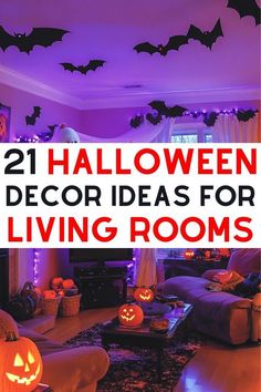 living room decorated for halloween with pumpkins and bats on the ceiling, purple lighting