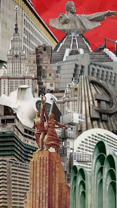 an artistic collage of buildings and statues