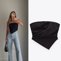 Zara Strapless Cropped Top In Black Sz S Brand New With Tags. Top With Ruched Straight Neckline And Asymmetric Hem. Zip Closure. Black | 9006/038 New Posher? Sign Up With Invite Code 0ld_fashioned For $10 Off Your First Poshmark Purchase I Only Sell 100% Authentic Items. Receipts Of Purchase Are Available Upon Request For Verification Purposes. My Photos Are Taken Inside With A Flash Unless Indicated Otherwise. If You Need Additional Photos, Please Drop A Comment Or Dm Me! All Measurements Are A Zara Strapless Knit Top, Cheap Fitted Zara Knit Top, Zara Asymmetric Top, Going Out Clothes Night, Chic One-shoulder Crop Top For Night Out, Asymmetrical Stretch Crop Top For Party, Trendy Strapless Top For Night Out, Chic Stretch Tube Top For Party, Trendy Bandeau Top For Party