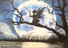 FAIRY MOON SILHOUETTE Background Glow, Sky Silhouette, Painting Beginners, Angel Silhouette, Fairy Moon, Painting Moon, Moon Silhouette