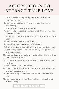 Tired of dating the same type of people over and over again? You may be subconsciously attracting them without even realising it. Use these positive love affirmations to prime and recondition your mind to attract your perfect partner and the love that you desire. Visit this post for the full list of love affirmations, choose 1-5 mantras that resonates and add them to your morning and/or evening routine. Repeat these positive affirmations daily and take inspired action where necessary. If you practice journaling, feel free to scrip these love mantras in your journal entries. Follow @thecaleidoscopeco for more positive affirmations, journal prompts and personal growth resources. Journaling For Love, Mantras For Love, Love Affirmation Romantic, Affirmation For Happiness, Affirmations Of Love, First Date Affirmation, Perfect Partner Manifestation, Manifest Perfect Partner, Attract Love Affirmations