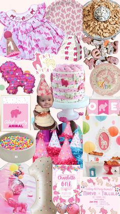 a collage of pink and white items including cake, balloons, hats, plates, napkins