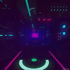 a futuristic room with neon colored lights