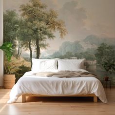 a bedroom with a large painting on the wall