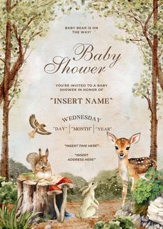 a baby shower is shown with animals in the woods