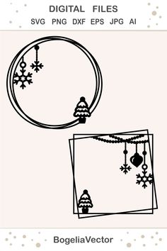 a christmas card with snowflakes and baubles on it, in black and white