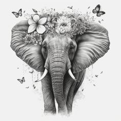 an elephant with flowers and butterflies on its head