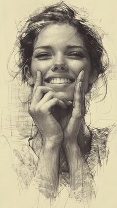 a drawing of a woman smiling with her hands on her face