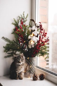 a cat sitting on a window sill next to a vase filled with christmas decorations