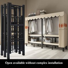 an open wardrobe without complex installation is shown in this image with the caption'open available without complex installation '