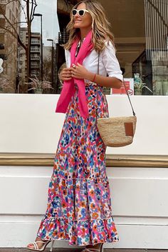 Multicolor Abstract Floral Print Tassel Tie Ruffle Maxi Skirt Casual Pink Ruffled Maxi Skirt, Multicolor Ruffle Hem Skirt For Spring, Multicolor Tiered Skirt With Ruffle Hem, Multicolor Bohemian Maxi Skirt For Spring Vacation, Flowy Multicolor Maxi Skirt For Day Out, Multicolor Maxi Skirt For Vacation In Spring, Spring Vacation Multicolor Maxi Skirt, Multicolor Ruffle Hem Skirt For Summer, Multicolor Skirt With Ruffle Hem For Summer