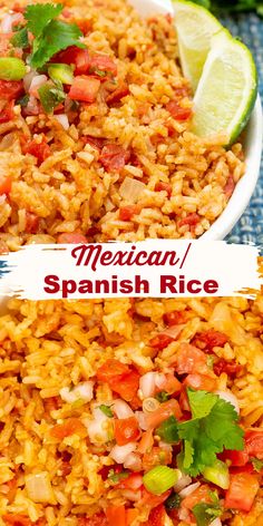 mexican rice with tomatoes, onions and cilantro in a white bowl