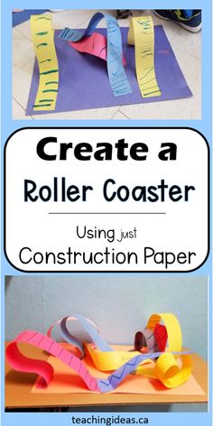 In the top half there is a rectangular piece of blue construction paper with 4 colourful strips of paper.  The strips are glued so that they pop off the page and create a loop - like a roller roaster.  The bottom picture is of another construction paper roller coaster with lots of colours and twists and turns and loops made from the paper. Playground Stem Activities, Construction Activities For School Age, Simple After School Activities, Prek Engineering Activities, Construction Paper Roller Coaster, Paper Roller Coaster Project, Easy Stem Activities Elementary Fun, Architecture Activities For Kids, Stem Camp Ideas