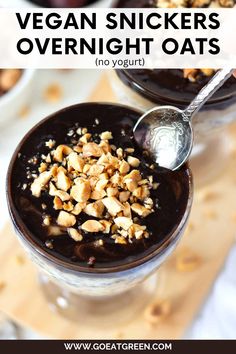 vegan snickkers overnight oats in a bowl with spoon