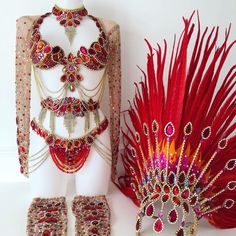 an elaborate costume and headpiece are on display